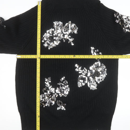 Next Women Black Sequin Floral Mock Neck Ribbed Jumper Size 12