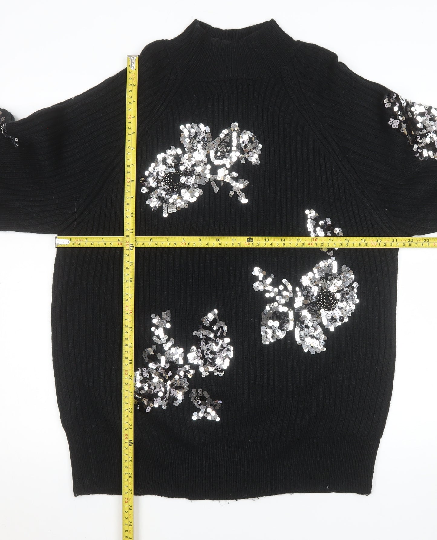 Next Women Black Sequin Floral Mock Neck Ribbed Jumper Size 12