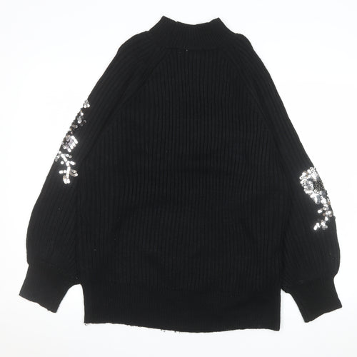 Next Women Black Sequin Floral Mock Neck Ribbed Jumper Size 12