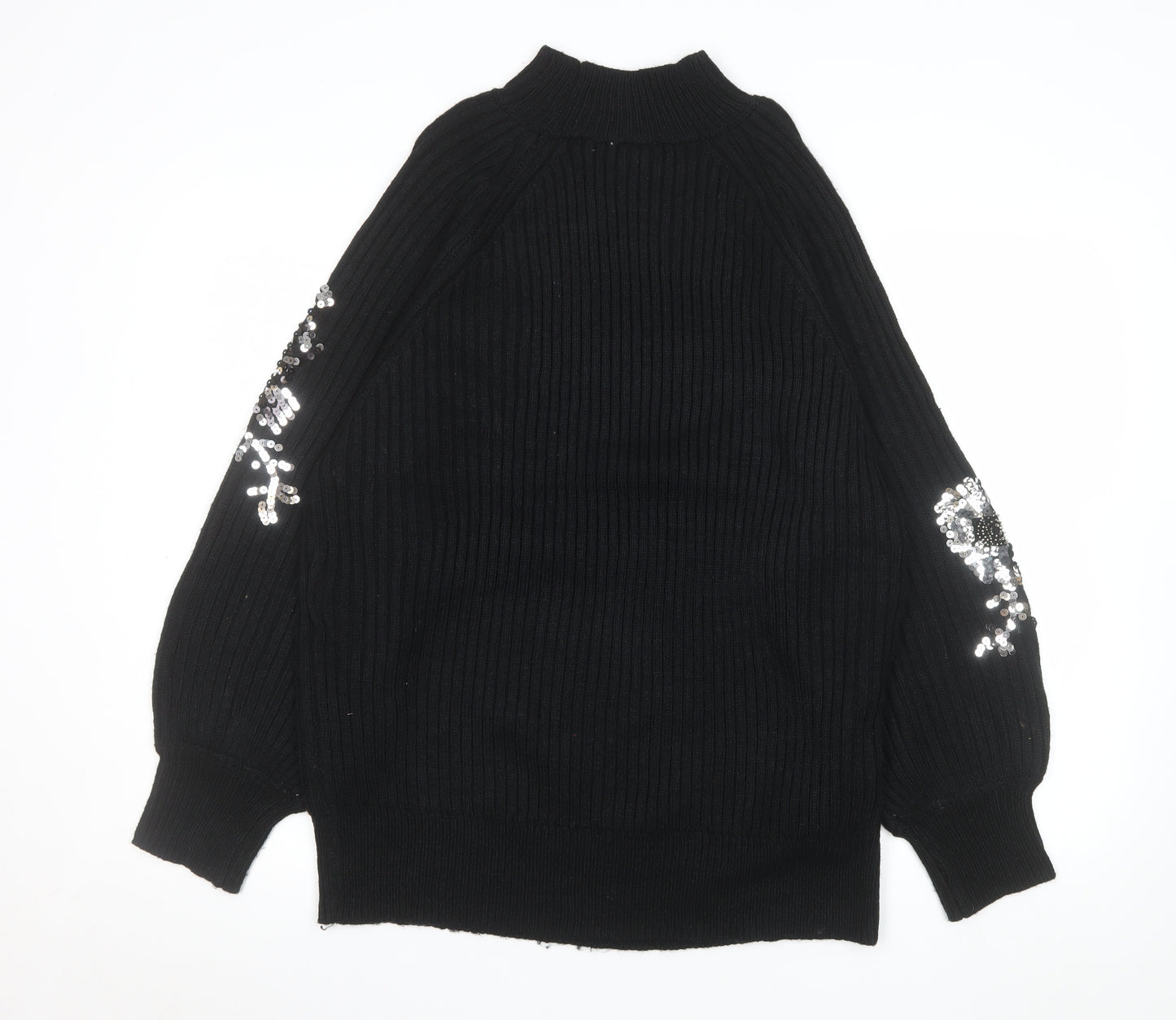 Next Women Black Sequin Floral Mock Neck Ribbed Jumper Size 12