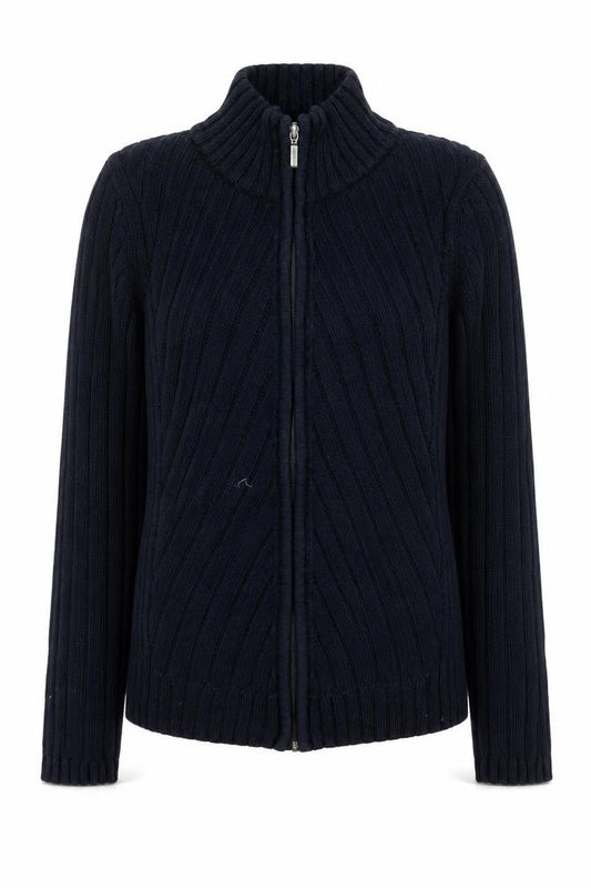 Front view of Debenhams women’s black cotton full zip knit jacket, size UK 10