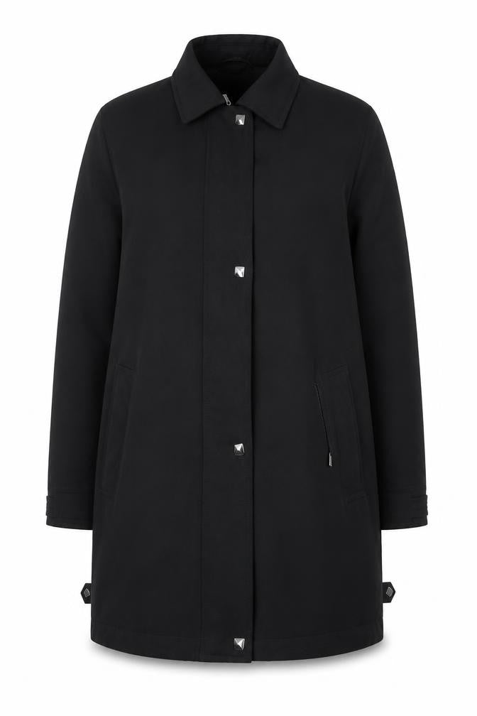 Front view of Klass Women's Black Long Overcoat, size 12, Regular Lined Polyester Classic