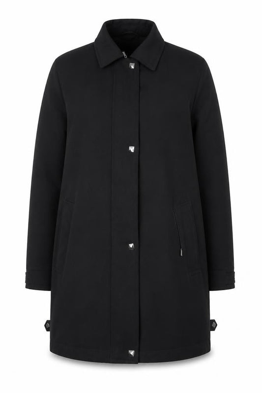 Front view of Klass Women's Black Long Overcoat, size 12, Regular Lined Polyester Classic