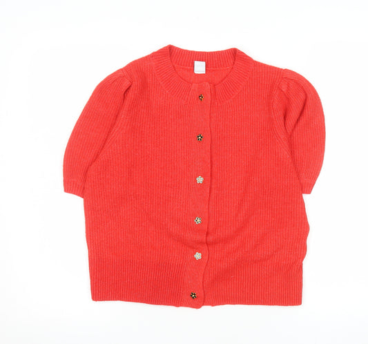 George Women's Red Short Sleeve Puff Knit Cardigan Size S