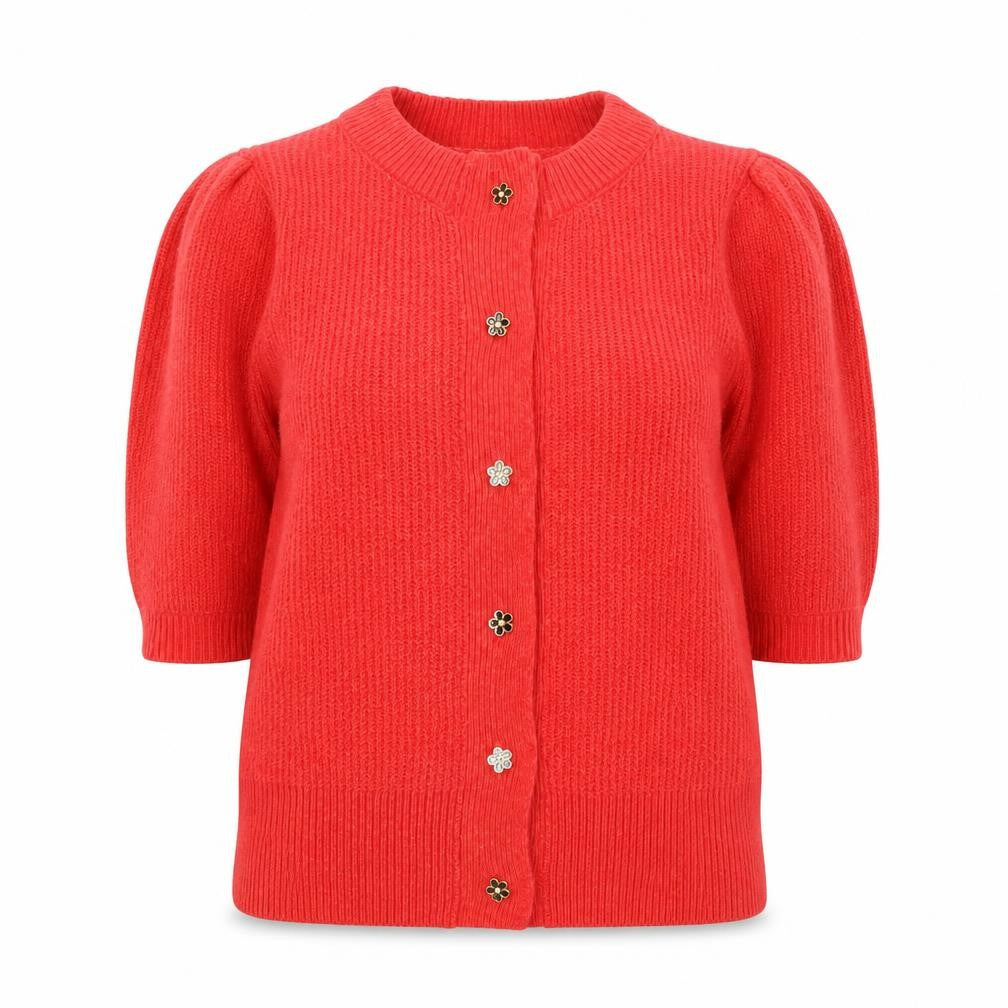 Front view of George Women's Red Short Sleeve Puff Knit Cardigan, size S