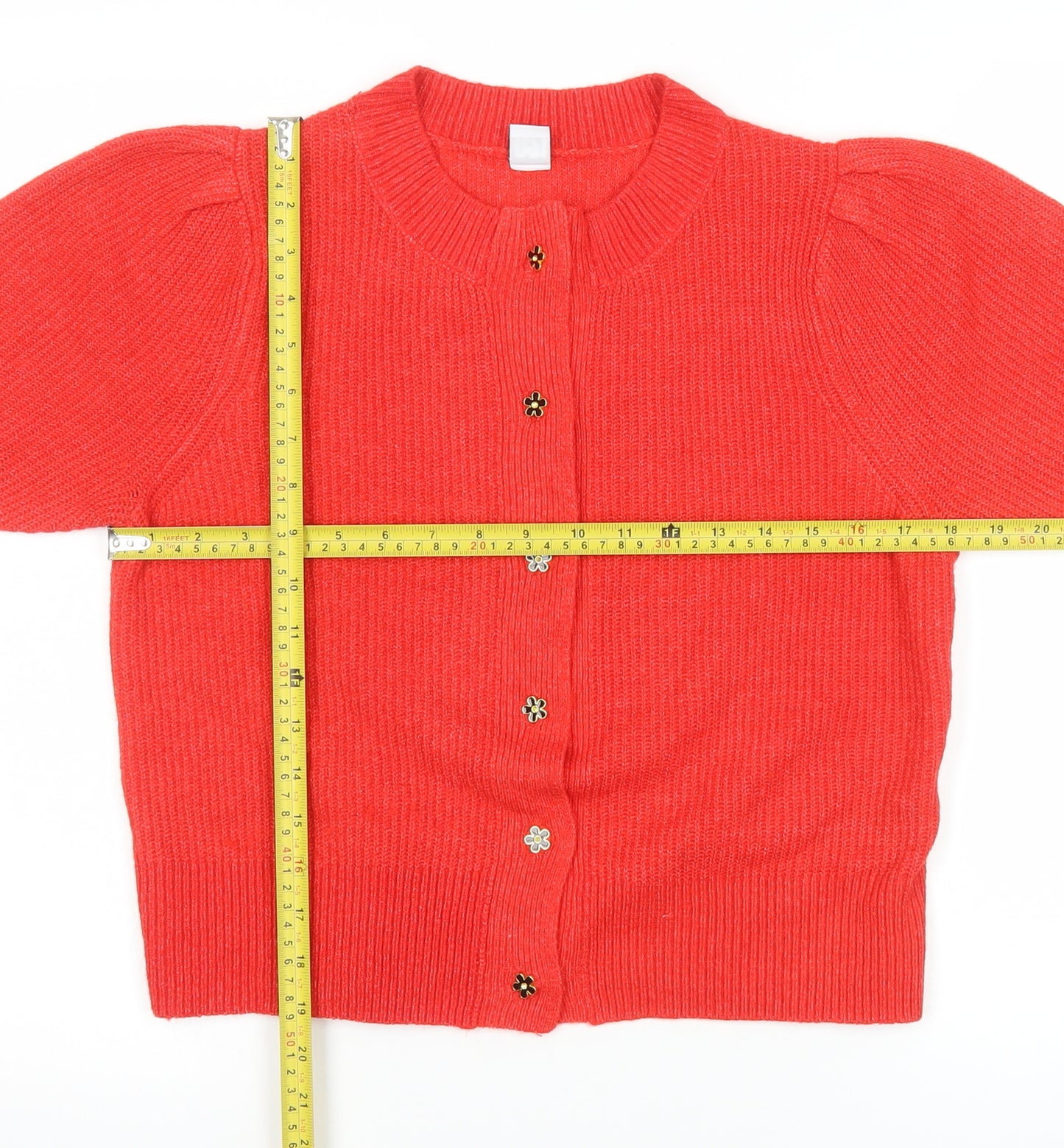 George Women's Red Short Sleeve Puff Knit Cardigan Size S