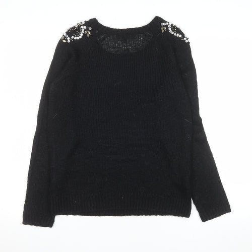 Next Womens Black Beaded Crew Neck Mohair Blend Jumper Size 10