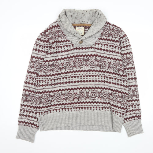 Dunnes Mens Grey Fair Isle Shawl Neck Jumper Size L