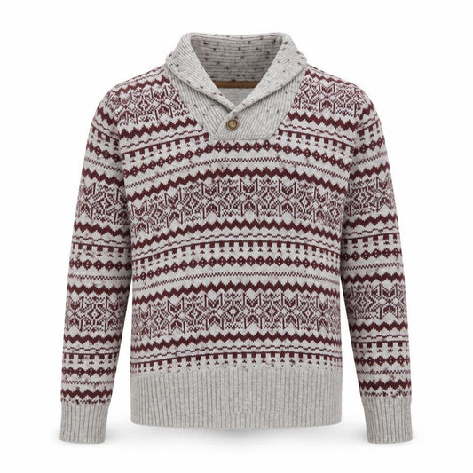 Front view of Dunnes men’s grey fair isle shawl neck jumper, size L