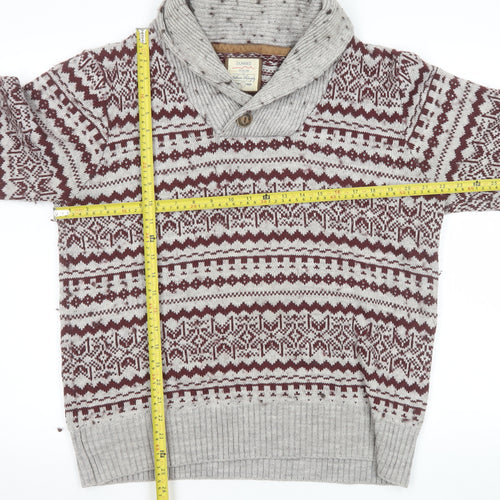 Dunnes Mens Grey Fair Isle Shawl Neck Jumper Size L