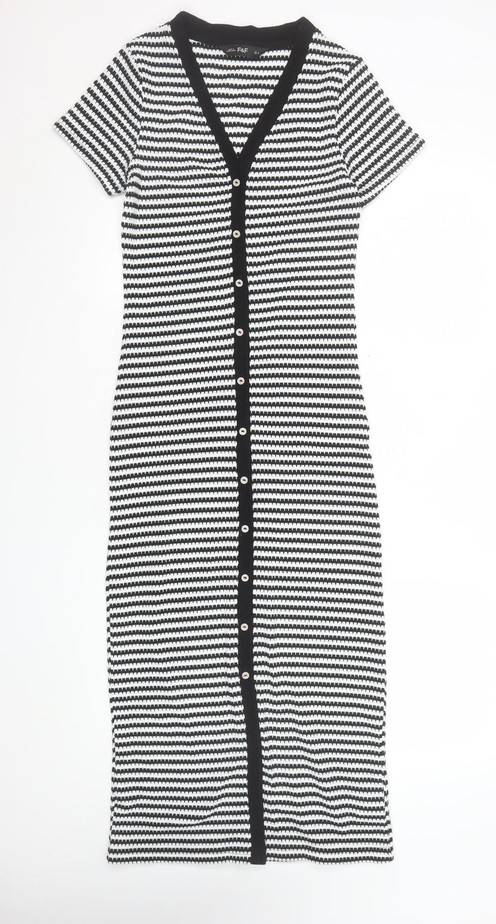 F&F Women Black White Striped Bodycon Midi Dress Size 6