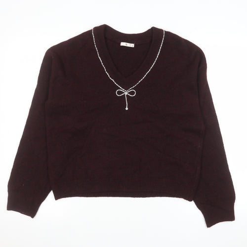 Tu Women Brown V-Neck Beaded Bow Knit Jumper Size 12