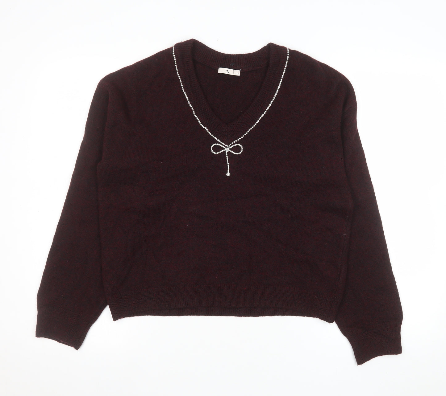 Tu Women Brown V-Neck Beaded Bow Knit Jumper Size 12