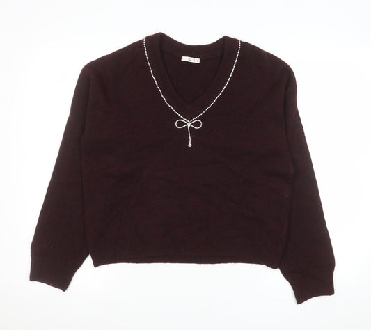 Tu Women Brown V-Neck Beaded Bow Knit Jumper Size 12