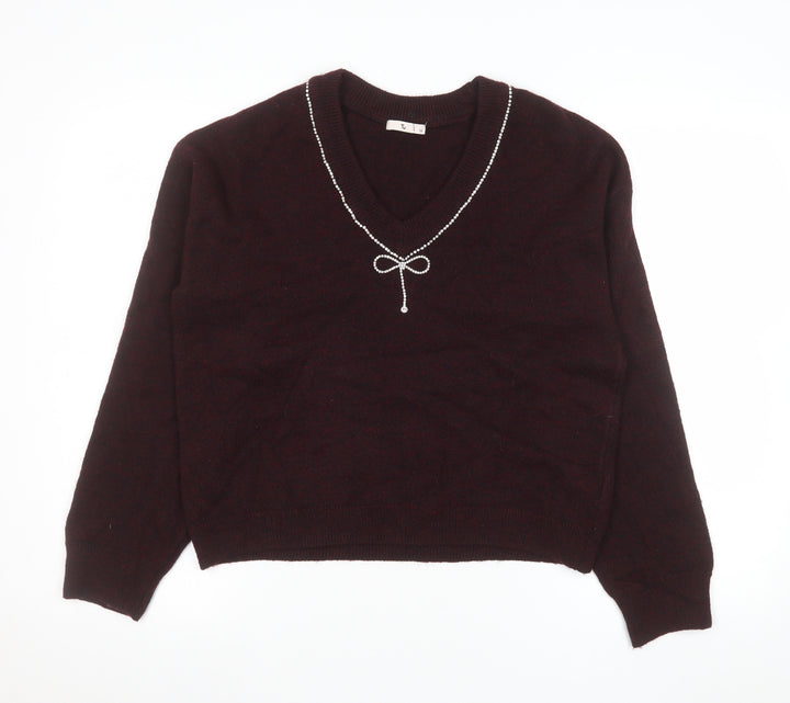 Tu Women Brown V-Neck Beaded Bow Knit Jumper Size 12