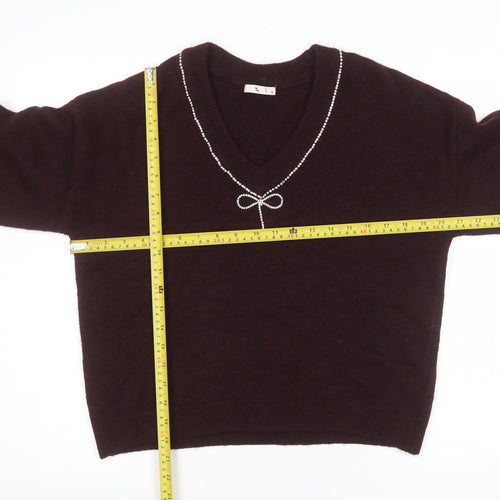 Tu Women Brown V-Neck Beaded Bow Knit Jumper Size 12