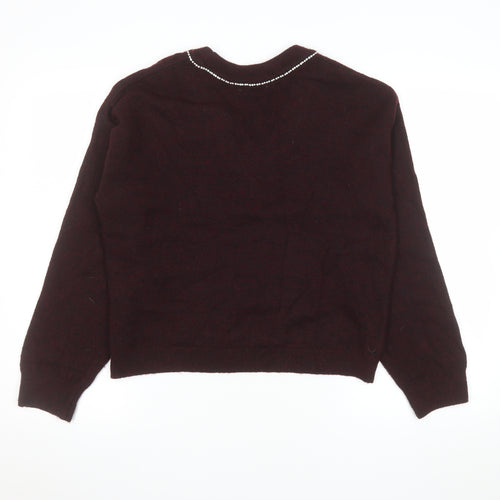 Tu Women Brown V-Neck Beaded Bow Knit Jumper Size 12