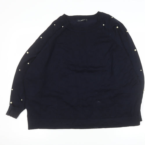 Zara Women Blue Beaded Sleeve Knit Pullover Jumper Size 12
