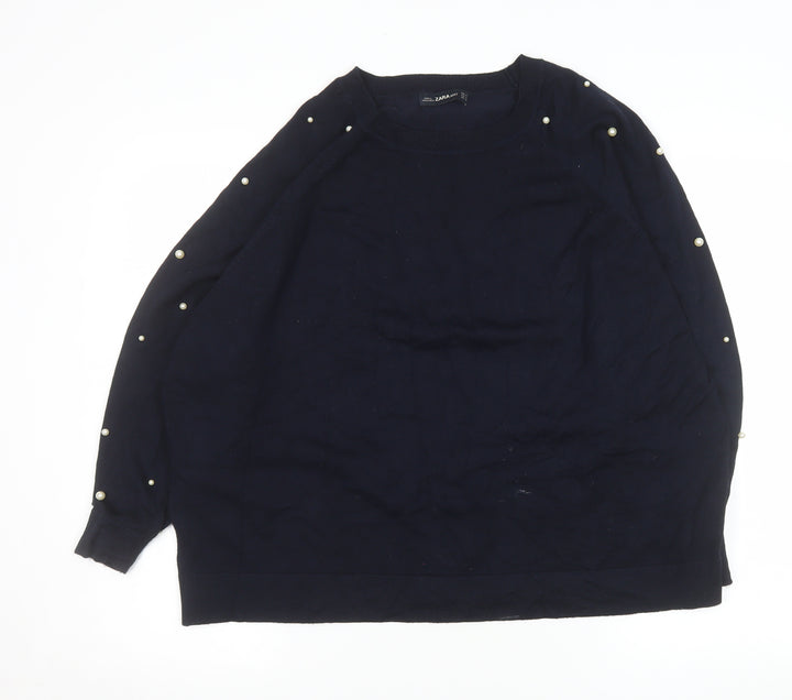 Zara Women Blue Beaded Sleeve Knit Pullover Jumper Size 12