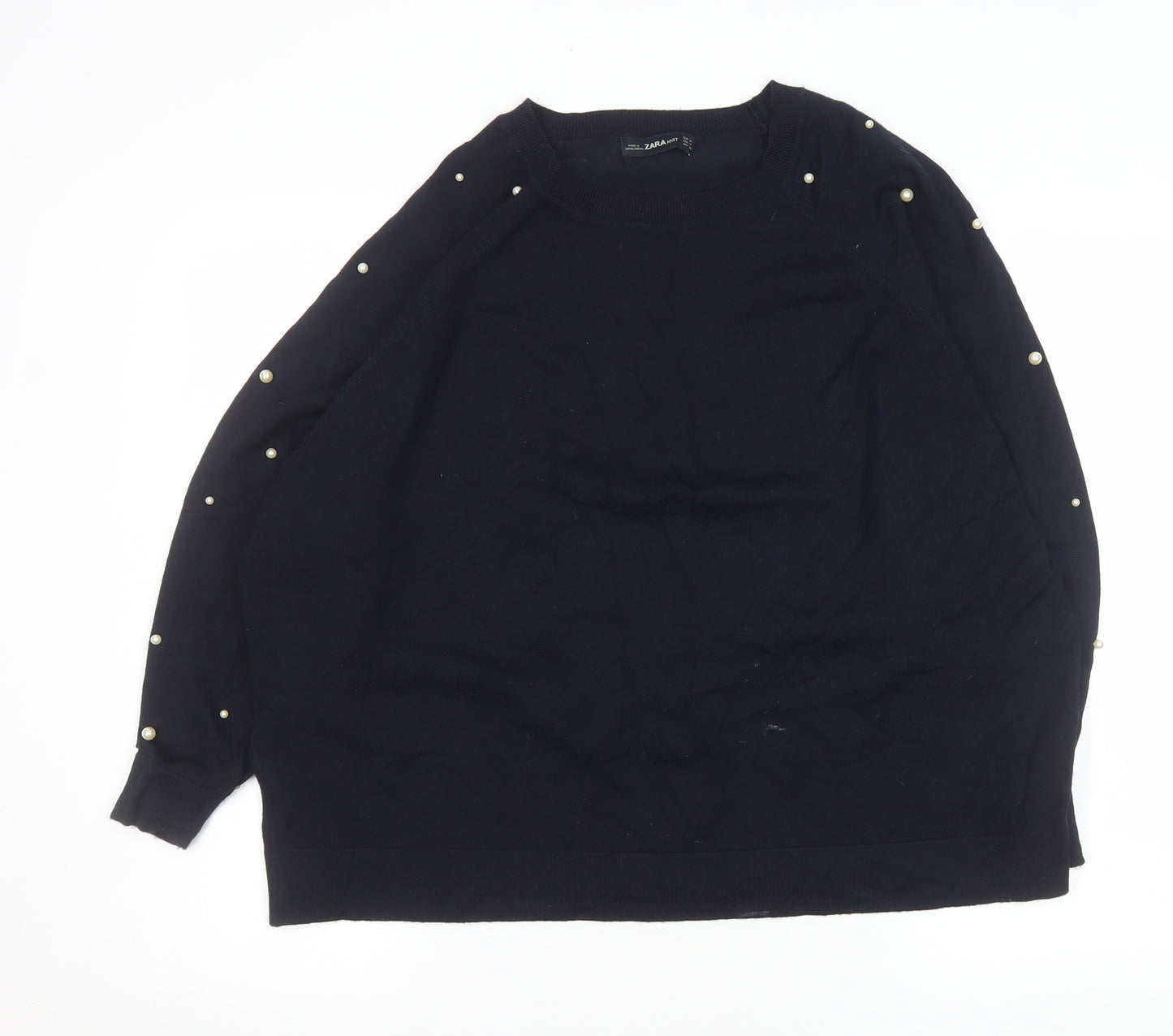 Zara Women Blue Beaded Sleeve Knit Pullover Jumper Size 12