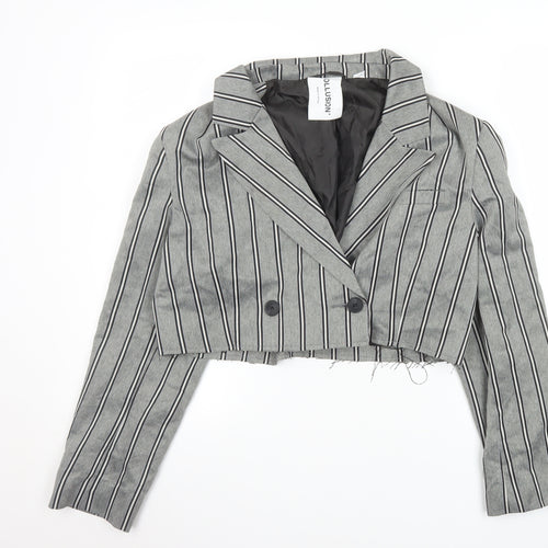 Collusion Women's Grey Pinstripe Cropped Double-Breasted Blazer UK 8