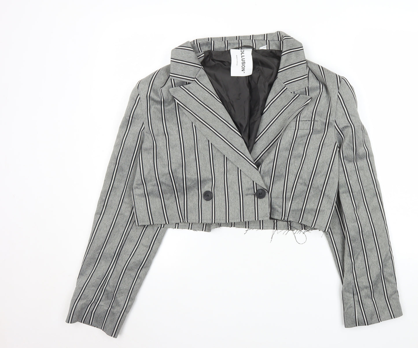 Collusion Women's Grey Pinstripe Cropped Double-Breasted Blazer UK 8
