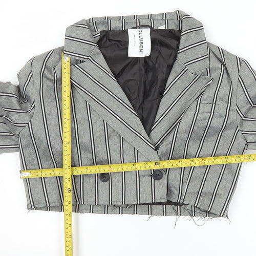 Collusion Women's Grey Pinstripe Cropped Double-Breasted Blazer UK 8