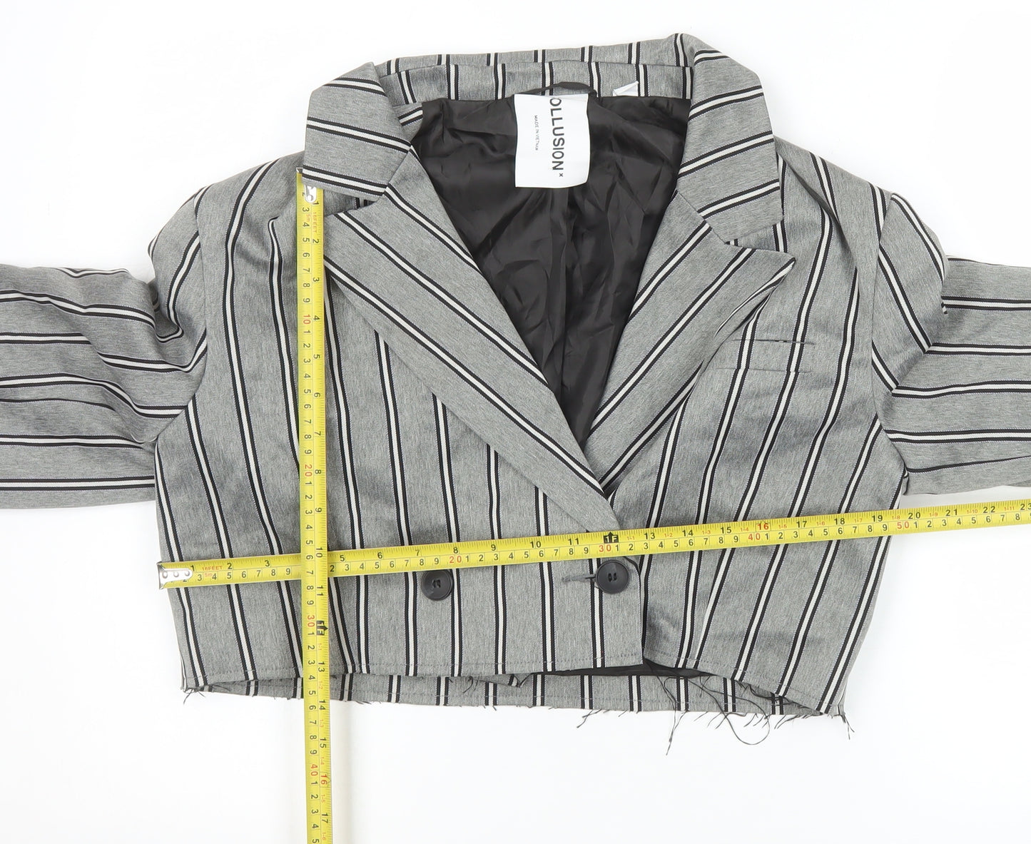 Collusion Women's Grey Pinstripe Cropped Double-Breasted Blazer UK 8