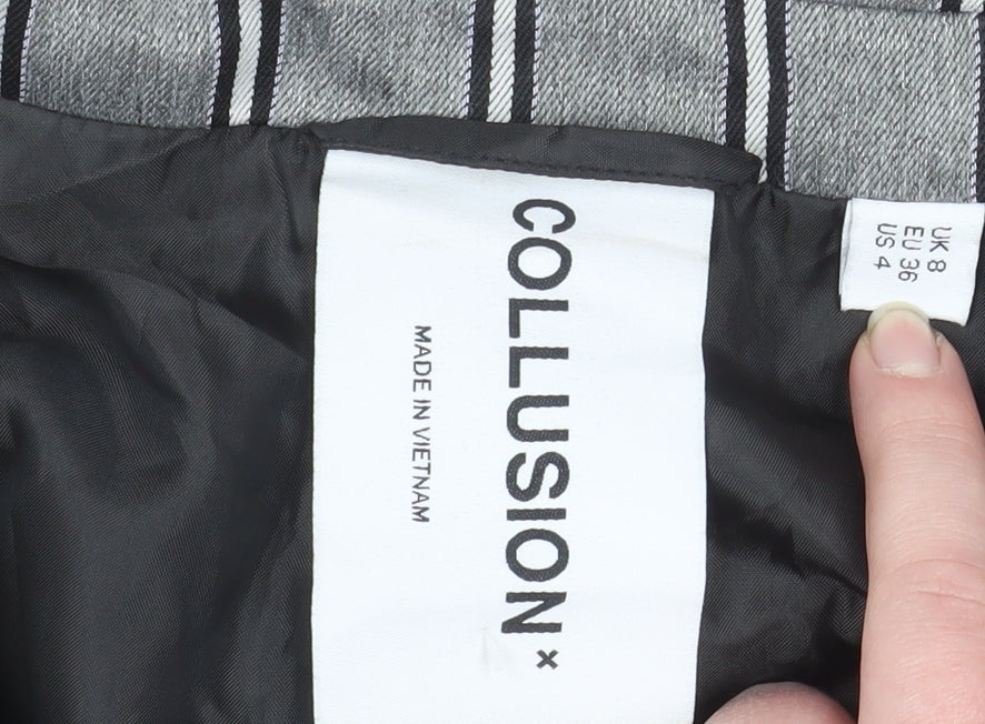 Collusion Women's Grey Pinstripe Cropped Double-Breasted Blazer UK 8