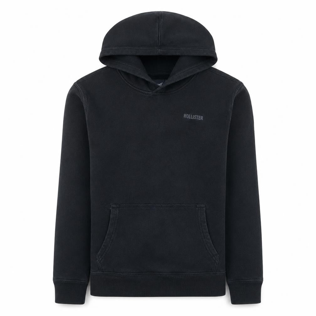 Front view of Hollister men’s black xs relaxed fit pullover hoodie