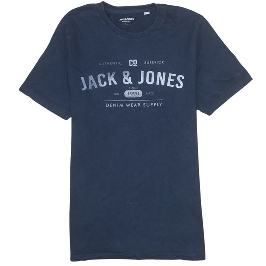 Jack & Jones Men's Blue L Crew Neck Graphic Print Cotton T-Shirt