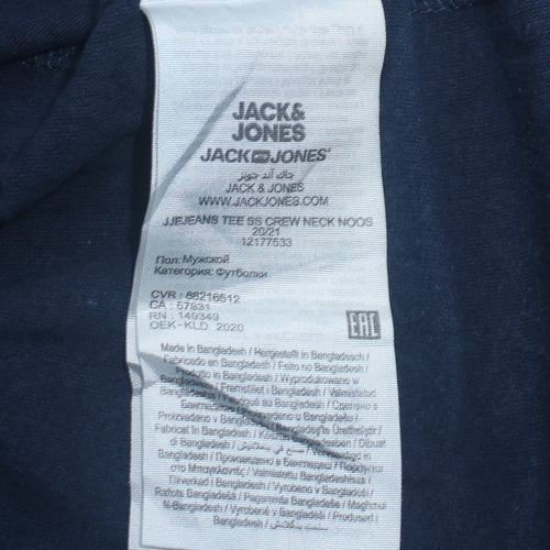 Jack & Jones Men's Blue L Crew Neck Graphic Print Cotton T-Shirt