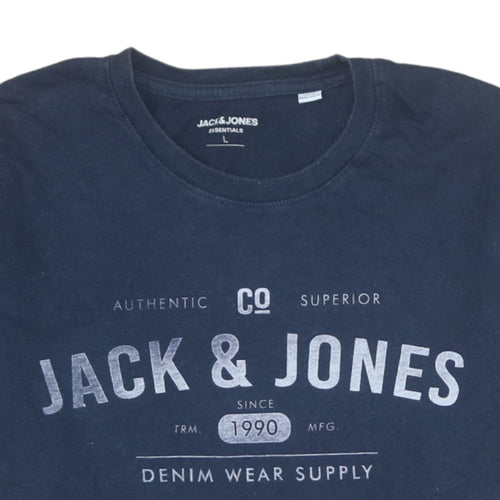 Jack & Jones Men's Blue L Crew Neck Graphic Print Cotton T-Shirt
