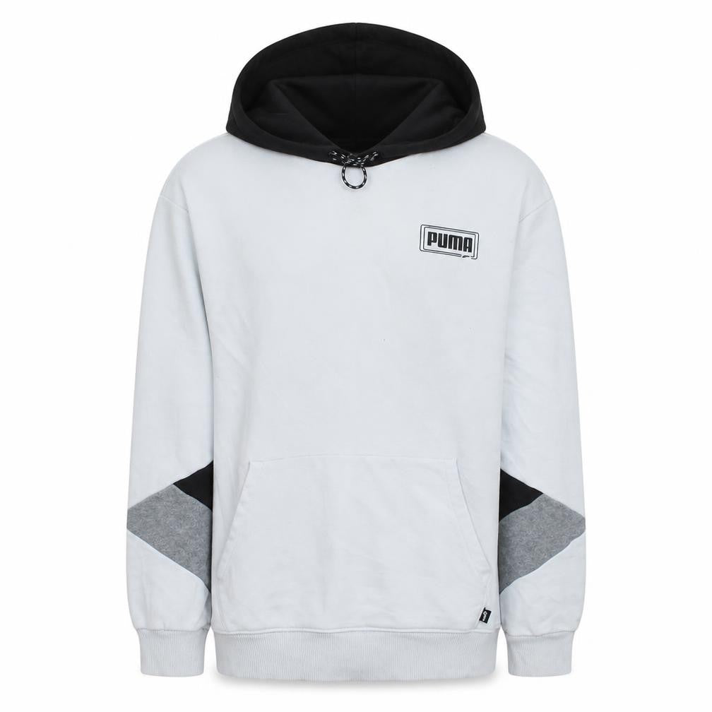 Front view of Puma Men's White & Black Pullover Hoodie, size S, Sportswear