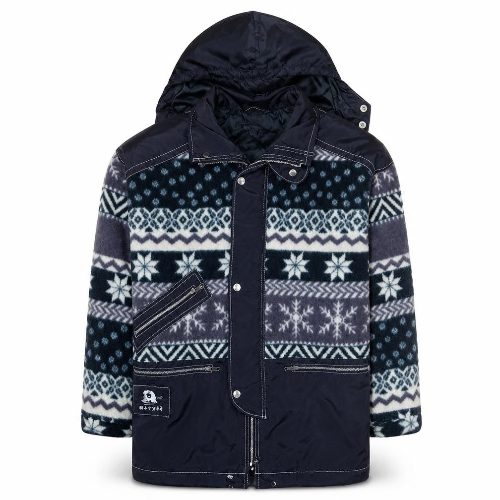 Front view of Meryll Jeans Men's Blue Fair Isle Hooded Parka Jacket, size 38