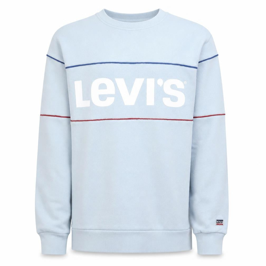 Front view of Levi's men’s light blue crew neck logo sweatshirt, size L