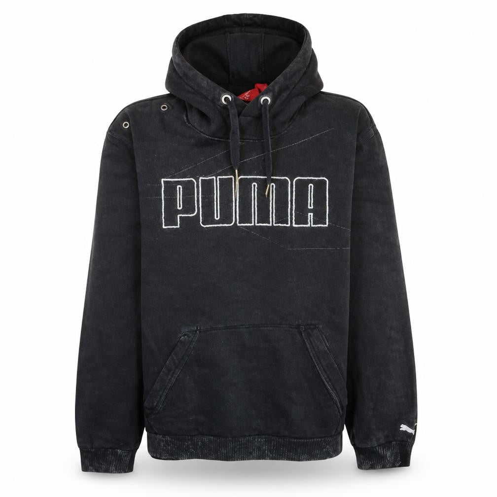 Front view of Puma Men's Black Pullover Hoodie, size M, Logo Fleece Sweatshirt