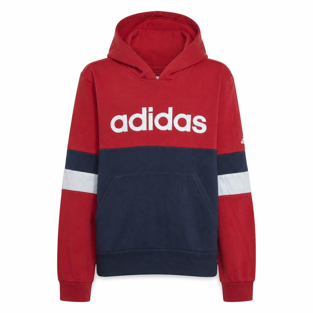 Front view of Adidas boys’ red & navy colourblock pullover hoodie, size 13-14, years