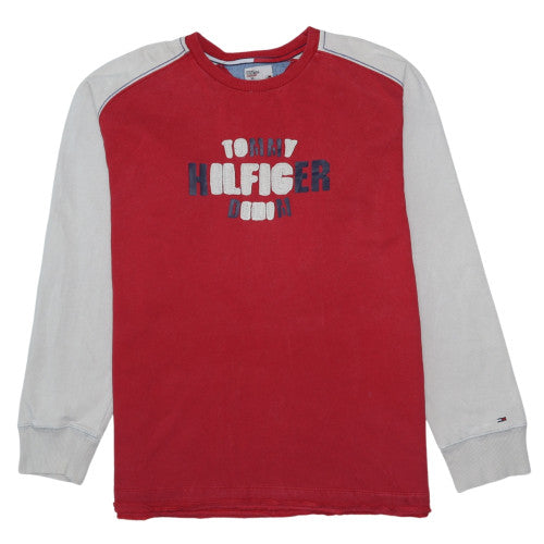 Tommy Hilfiger Denim Mens Red Grey XL Sweatshirt Crew Neck Cotton
