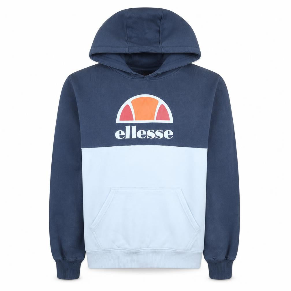 Front view of Ellesse Men's Blue Pullover Hoodie L Logo Fleece Sweatshirt