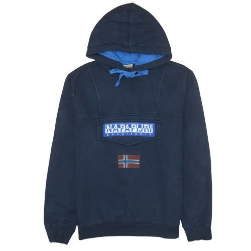 Napapijri Men's Blue Pullover Fleece Hoodie M Embroidered Logo Outdoor