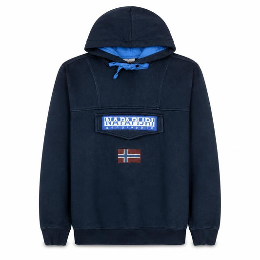 Front view of Napapijri Men's Blue Pullover Fleece Hoodie M Embroidered Logo Outdoor