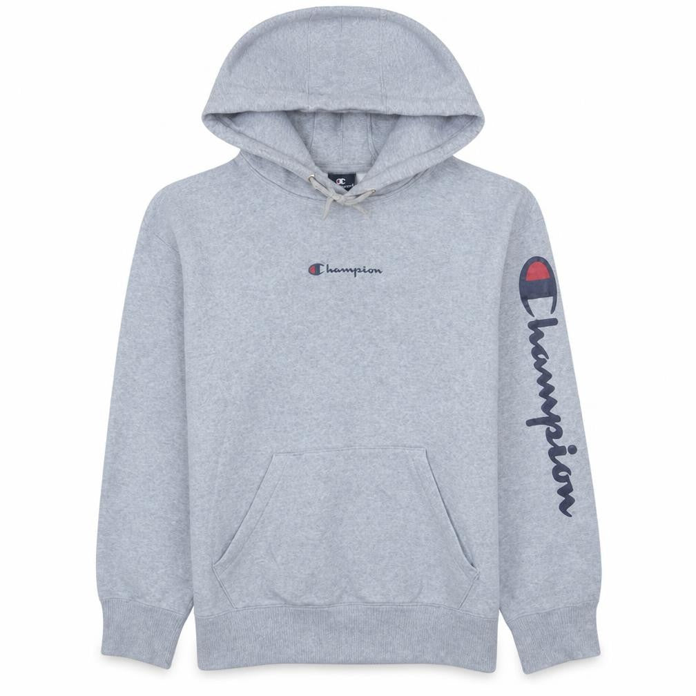 Front view of Champion Men's Grey Pullover Hoodie Large Logo Fleece Sweatshirt