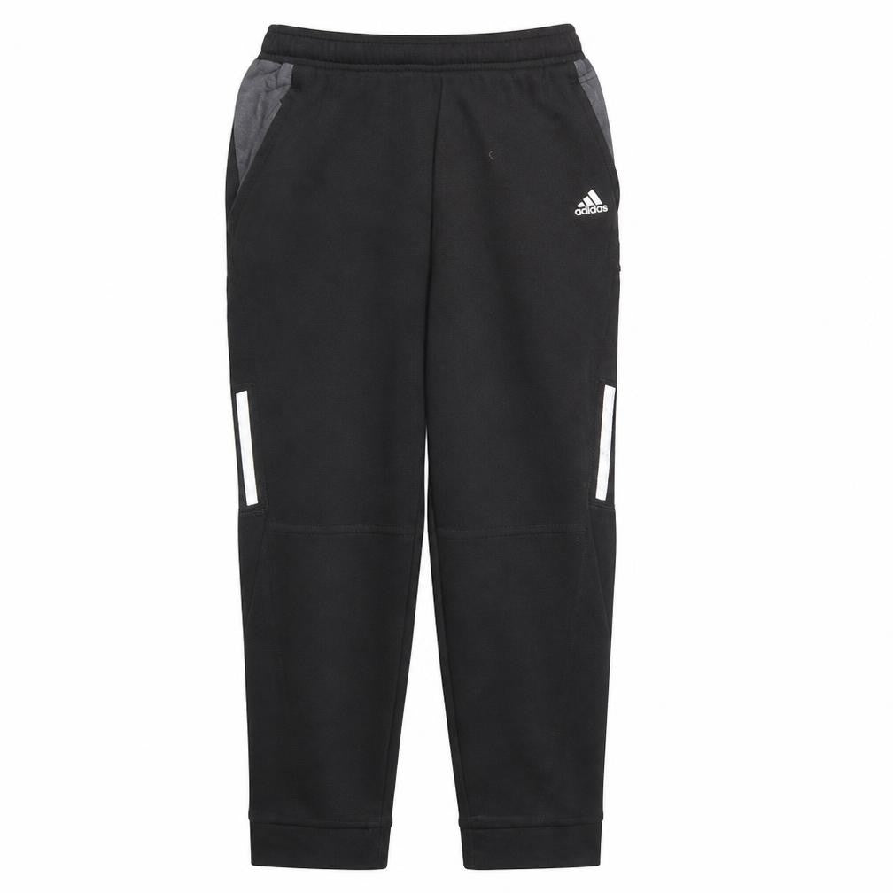Front view of Adidas men’s black l jogger trousers with reflective stripes