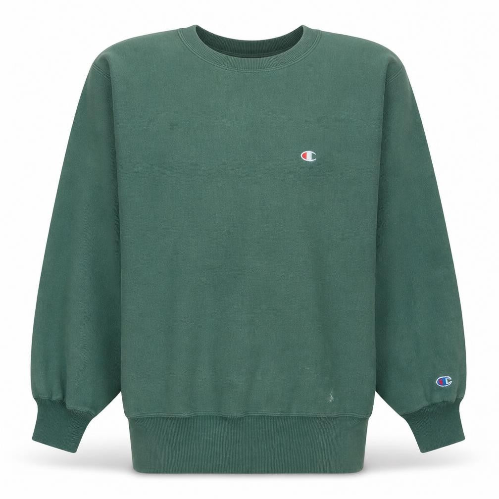 Front view of Champion Men's Green Reverse Weave Sweatshirt Medium Vintage Fleece
