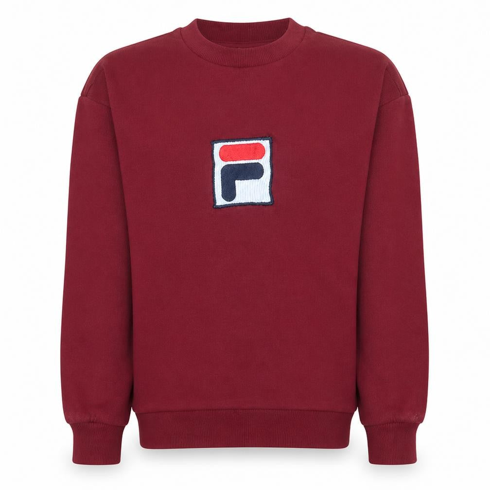 Front view of Fila women’s burgundy logo crew neck pullover sweatshirt xs