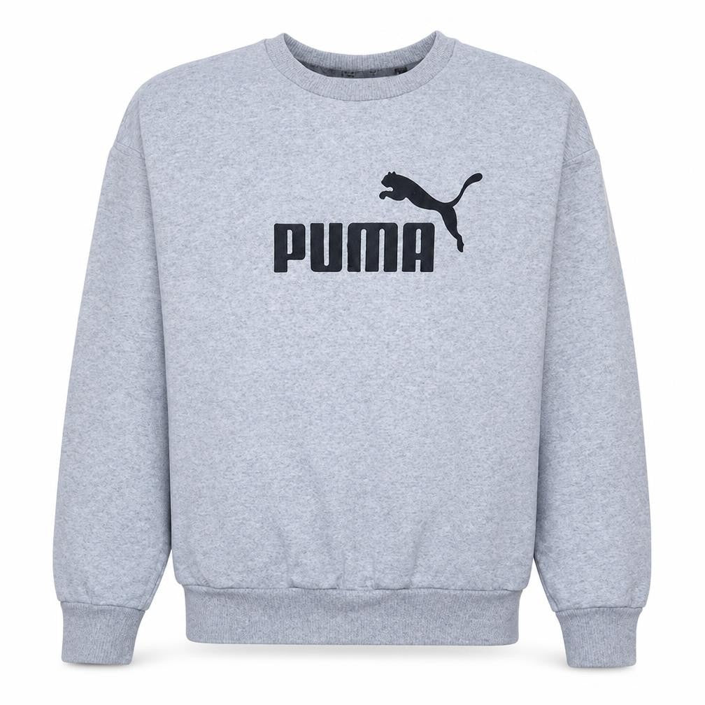 Front view of Puma men’s grey crew neck pullover sweatshirt, size M