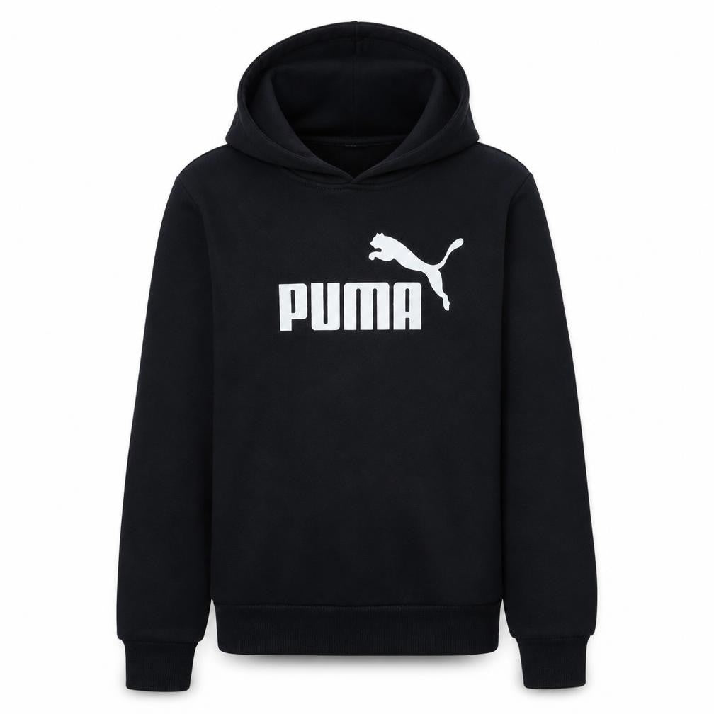 Front view of Puma boys’ black pullover hoodie, size 13-14, years cotton blend