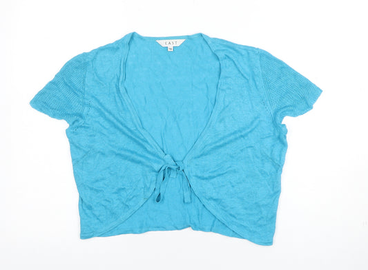 East Women Blue Linen Short Sleeve Wrap Tie Cardigan Blouse Size 16