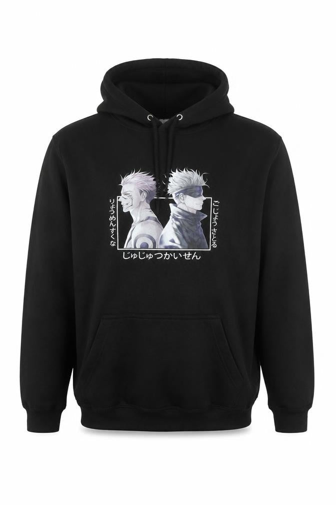Front view of Just Hoods men’s black anime graphic pullover hoodie, size L